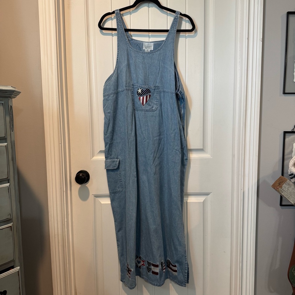 Vintage Denim Jumper Dress with American Flag Patches